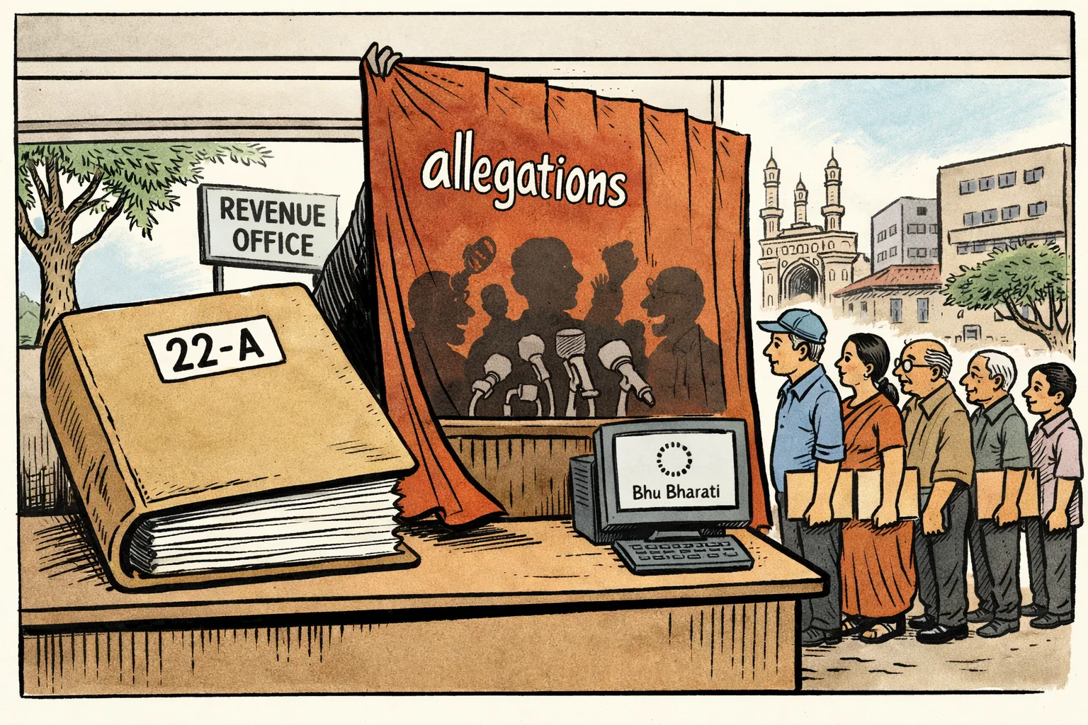 A giant 22-A land-record file with blank pages is partly hidden behind a curtain labelled allegations on a Telangana revenue-office desk, while citizens wait beside a stalled Bhu Bharati kiosk.