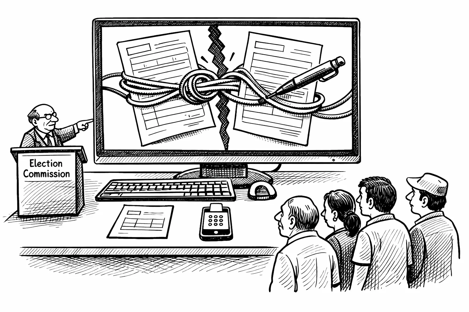 A giant computer monitor shows an electoral application tangled with a separate declaration, while an unchanged paper form sits neatly on a desk below it and applicants wait nearby.