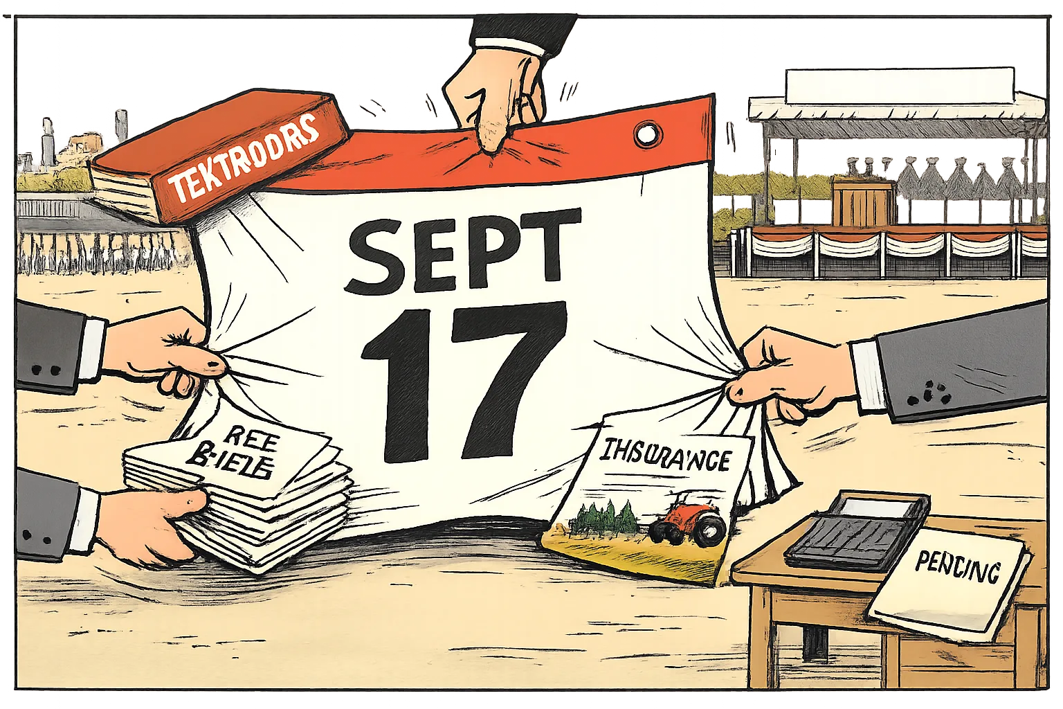 An oversized September 17 calendar page is pulled between a textbook, fee bills and a tractor insurance form beside a ceremonial parade ground, with a pending file and calculator nearby.