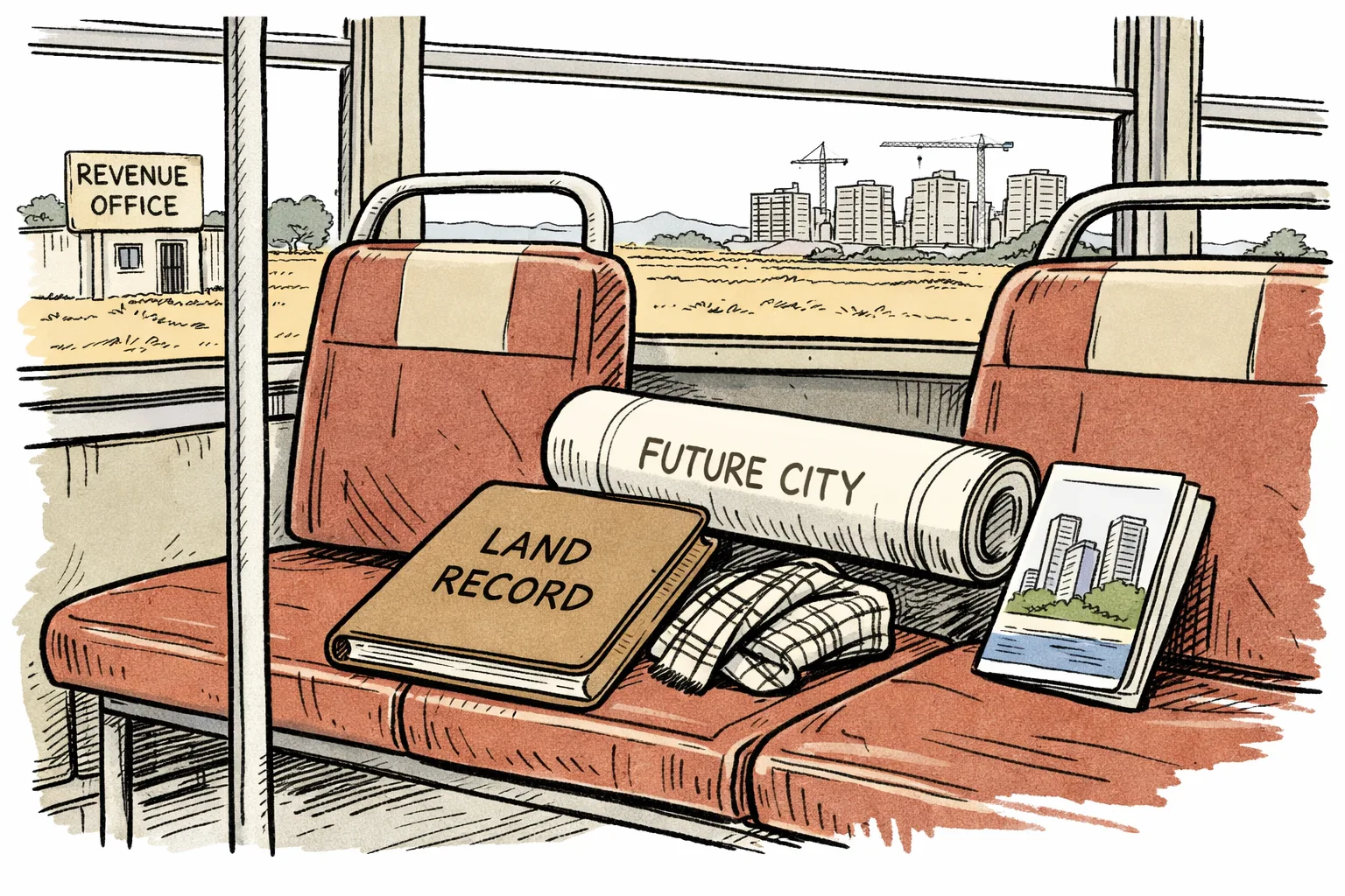 An empty Telangana bus seat holds a closed land-record file and folded scarf beside a rolled Future City map, with dry fields and a construction corridor visible through the windows.