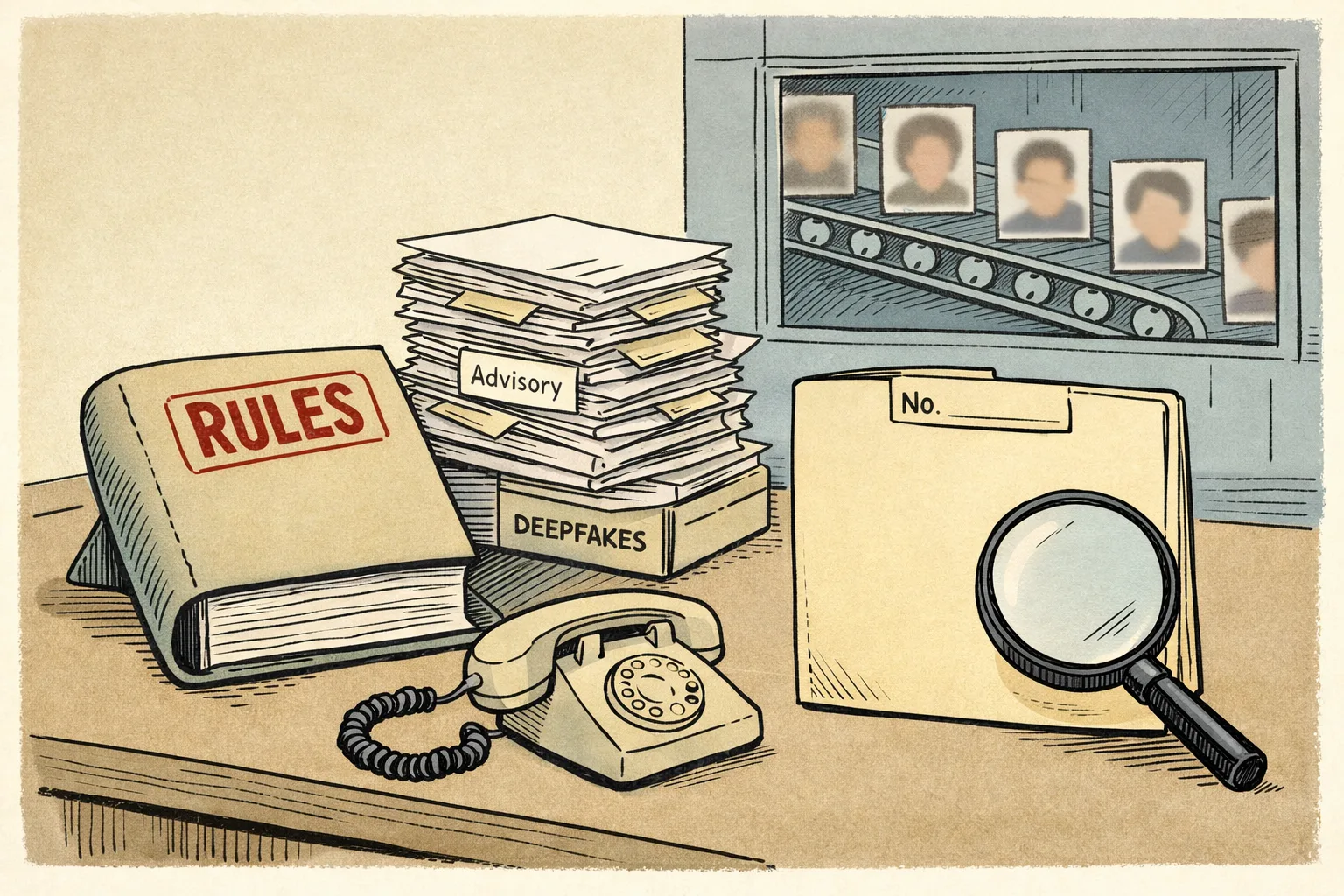 A large government rulebook and several advisories sit on one side of a desk while a blank notice folder and an unplugged telephone sit opposite a Meta-style recommendation machine displaying blurred synthetic faces; a magnifying glass rests over the empty folder.