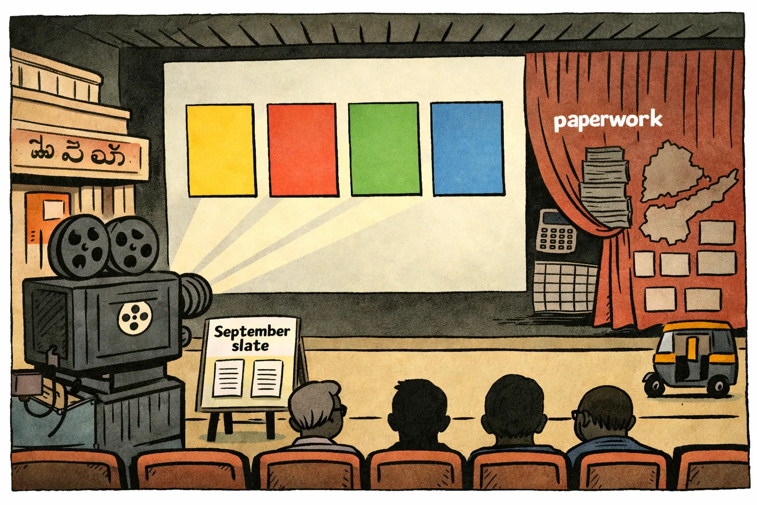 A Hyderabad single-screen cinema projector displays four colourful blank film posters while a curtain labelled “paperwork” hides contracts, maps, a calculator and seating charts behind the screen.