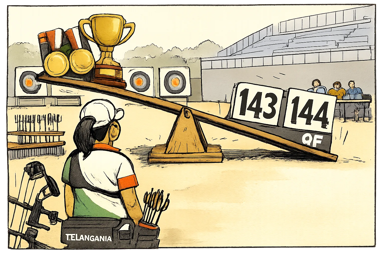 An unidentifiable archer stands beside a compound bow as two gold medals and a team trophy outweigh a scoreboard showing 143 beside 144 on a seesaw at an archery range.