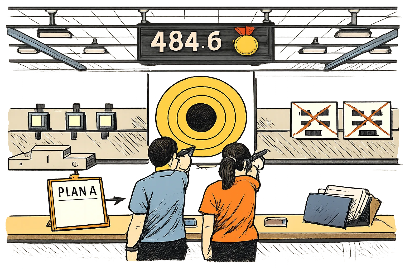 Two anonymous shooters aim at a gold bullseye beneath a scoreboard showing 484.6, while a small PLAN A clipboard points toward an empty lane and individual-final brackets sit in the background.