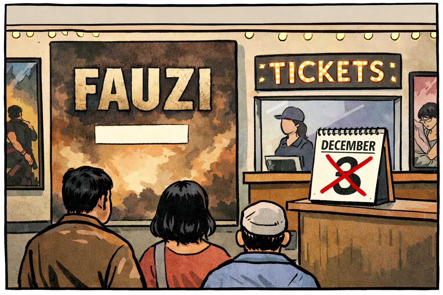 A cinema foyer shows a Fauzi poster beside a ticket counter and a calendar with December 3 crossed out.