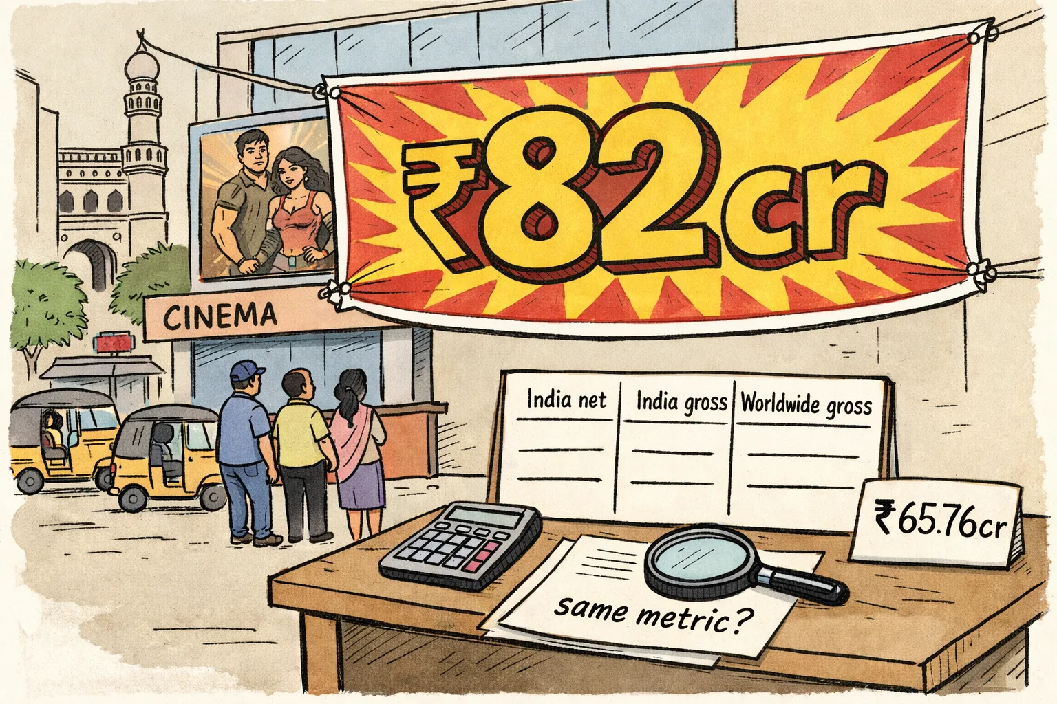 Outside a Hyderabad cinema, a giant elastic publicity poster marked ₹82 crore towers over a small desk holding an open box-office ledger, calculator and an estimate marked ₹65.76 crore.