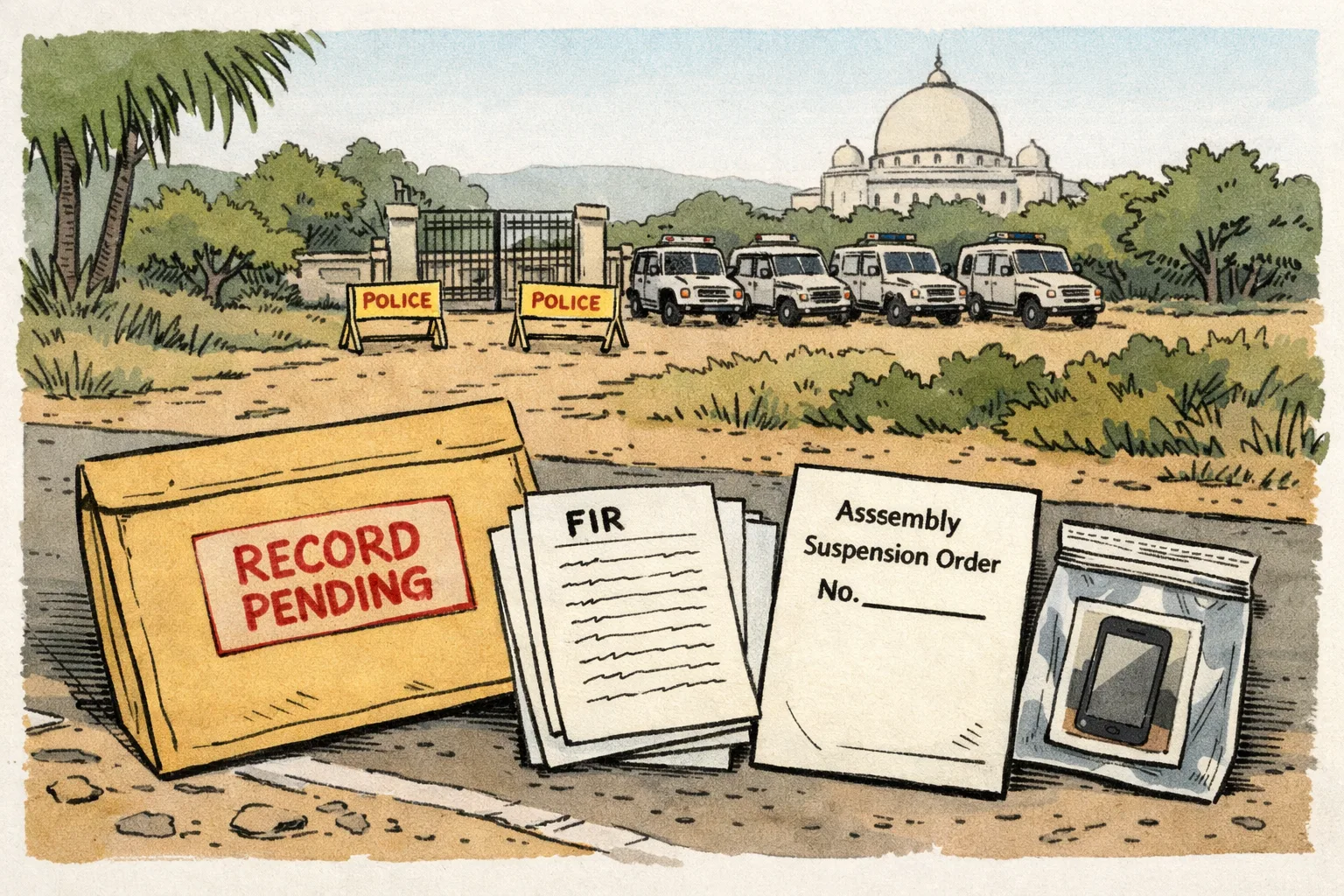 A quiet Telangana roadside with police barricades in the distance and unresolved Assembly, FIR and forensic documents arranged in the foreground beside a sealed evidence folder.