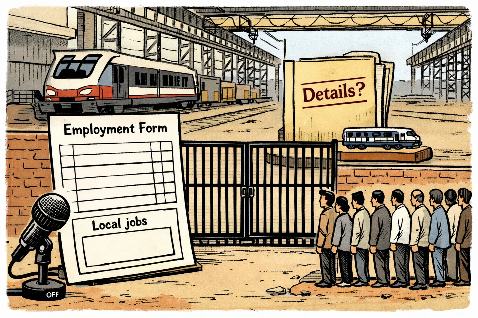 A Telangana rail manufacturing plant stands behind a large locked gate marked with a small train icon; in front, a giant unanswered employment form lies on a desk while a queue of anonymous local workers waits beside it, and a ministry file labelled "Kazipet" sits under a silent microphone.
