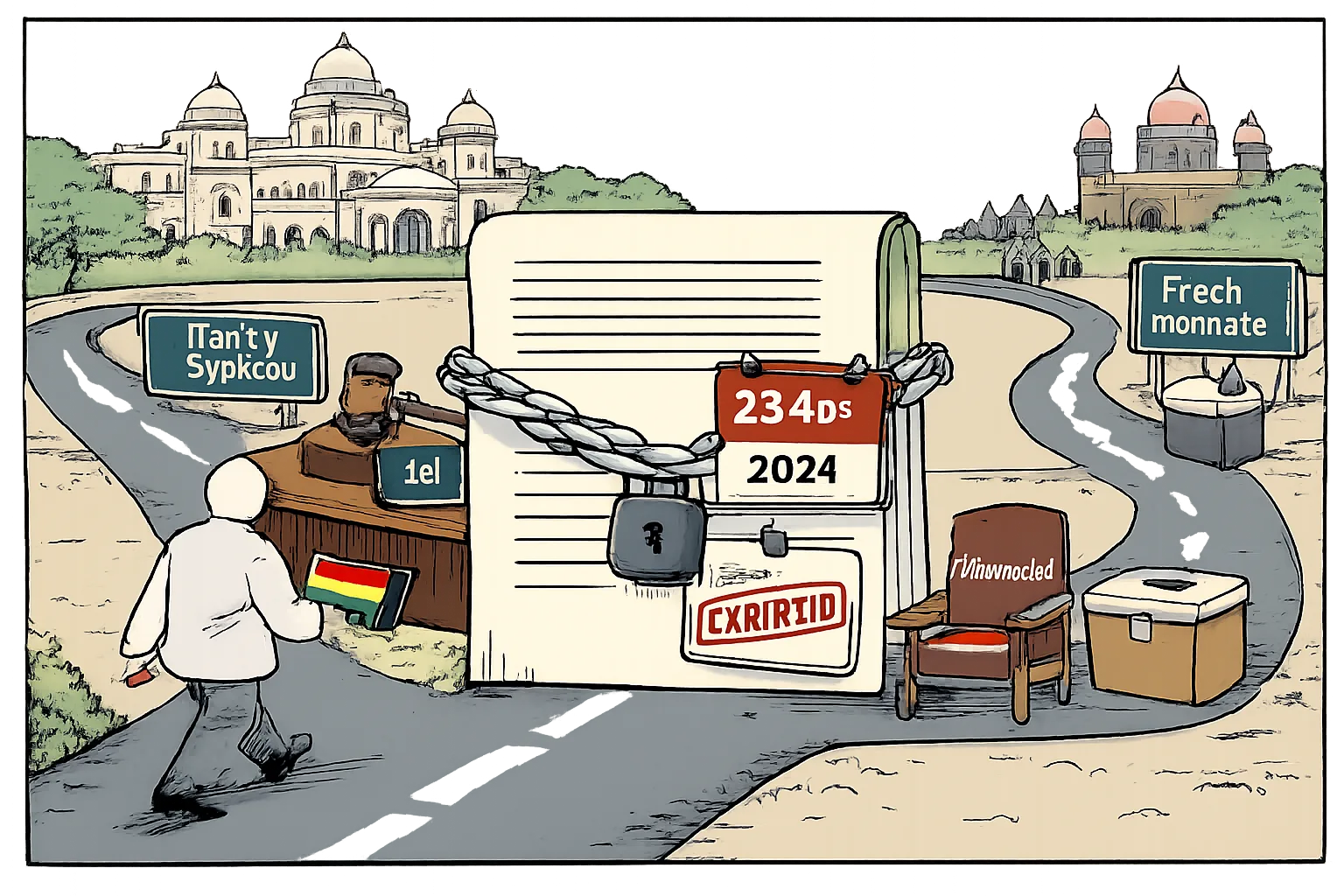 A cartoon outside the Telangana Legislative Assembly shows a political shortcut ending at a locked legal gate, with an expired MLA pass, an empty Khairatabad seat and a separate road leading to a fresh ballot box.