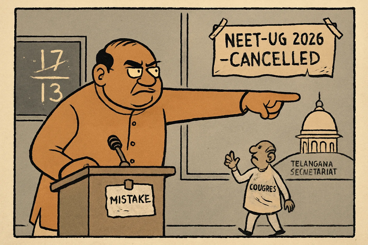 Editorial cartoon of a generic politician at a podium holding a torn paper stamped 'MISTAKE' while his arm stretches unnaturally far to point at a distant figure labelled Congress; a chalkboard behind him shows the number 17 crossed out with 13 written under it, and a torn banner reading NEET-UG 2026 Cancelled hangs behind, with the Telangana Secretariat dome visible through a window.