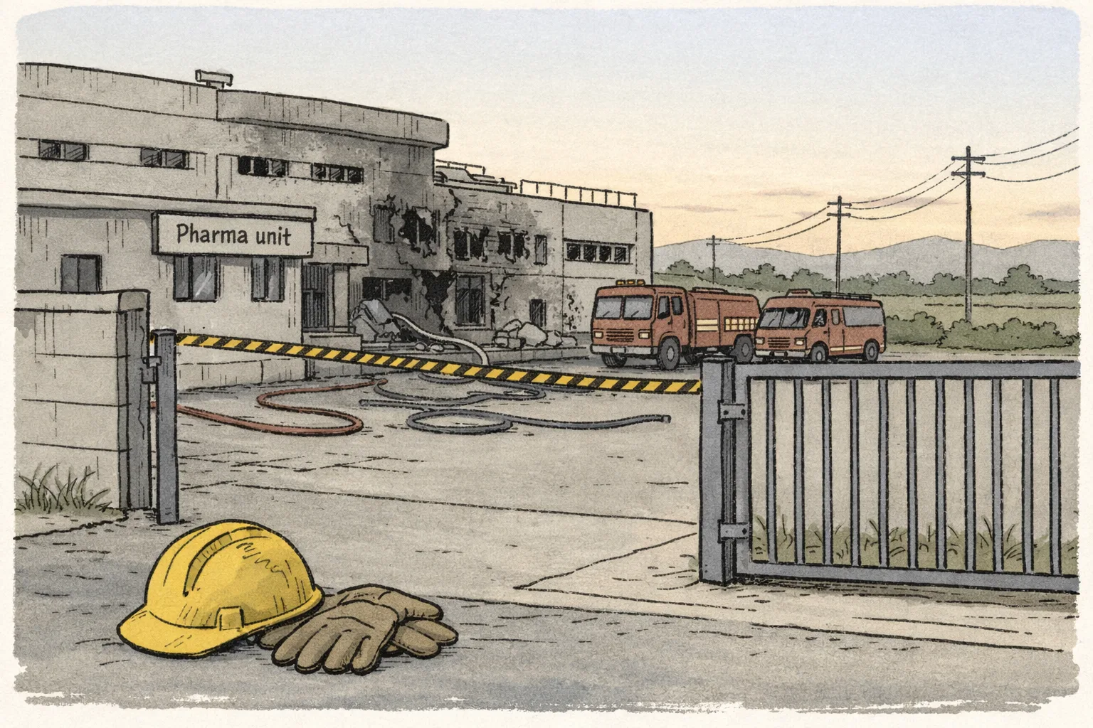 A damaged pharmaceutical unit in rural Telangana stands behind a cordon at dawn, with fire vehicles and extinguished hoses outside and an empty helmet and gloves near the gate.