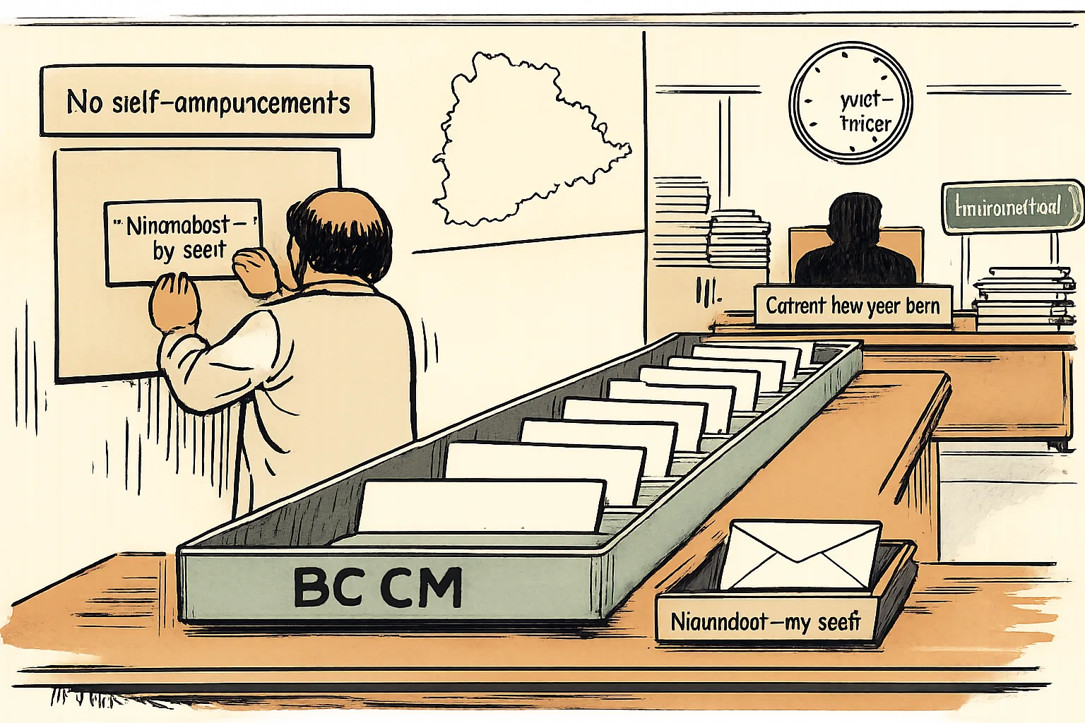 A Telangana political office cartoon shows a long calendar queue labelled for a future BC chief minister while an envelope marked for a Nizamabad seat is pushed ahead beneath a notice against self-announcements.