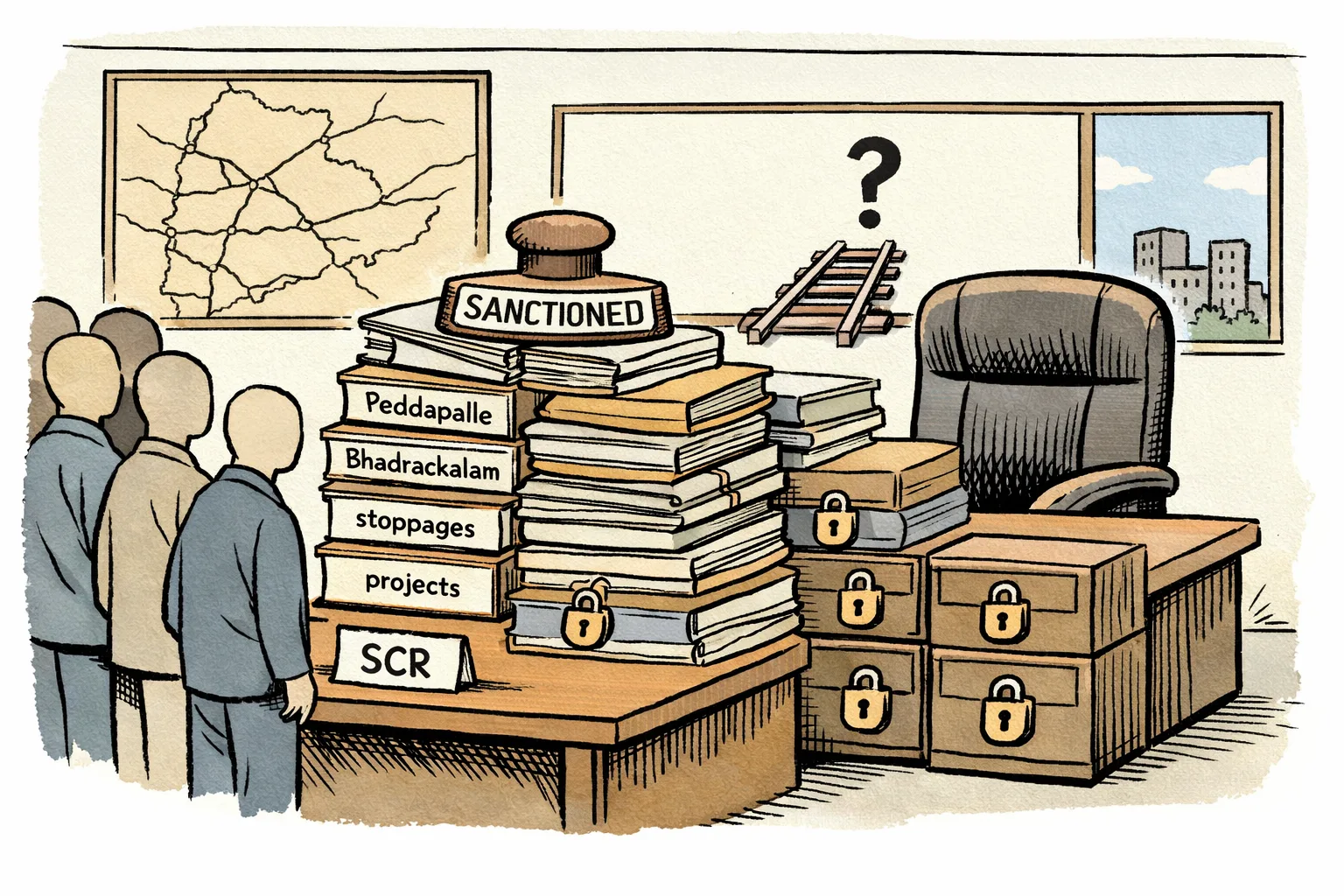 Anonymous MPs place labelled railway-demand folders on a table opposite an empty official chair, while sanctioned files sit above locked drawers for tenders, funds and completion dates.