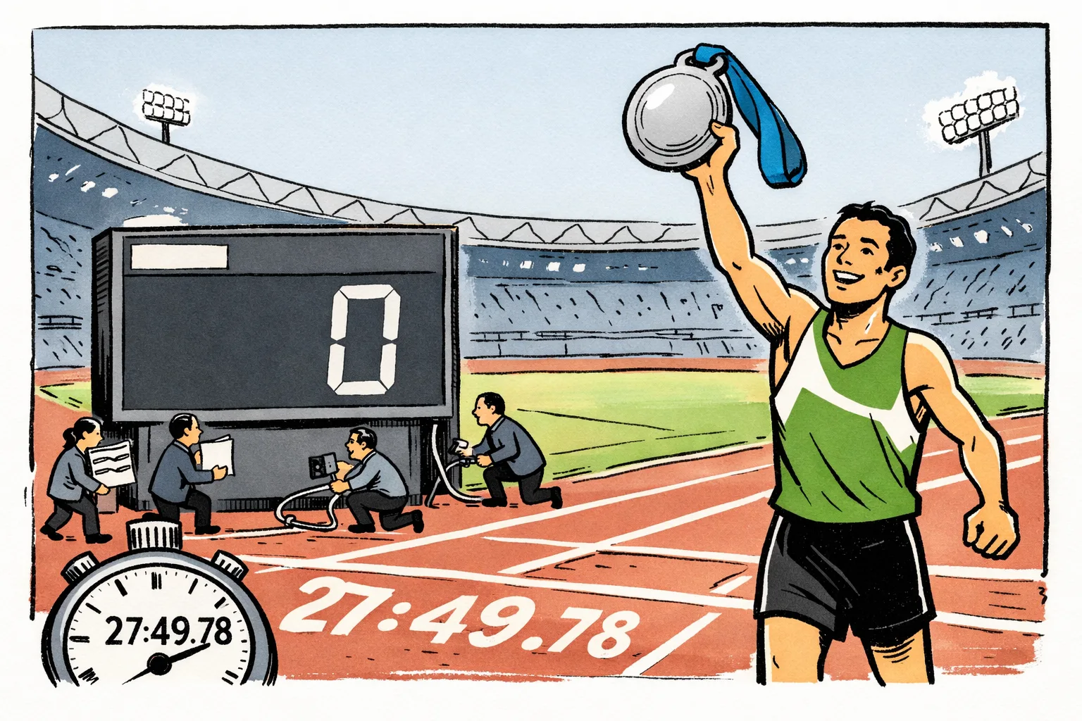 A runner in a stadium holds up a silver medal while a huge official results board behind him still displays zero athletics medals and several clerks scramble around it with forms.