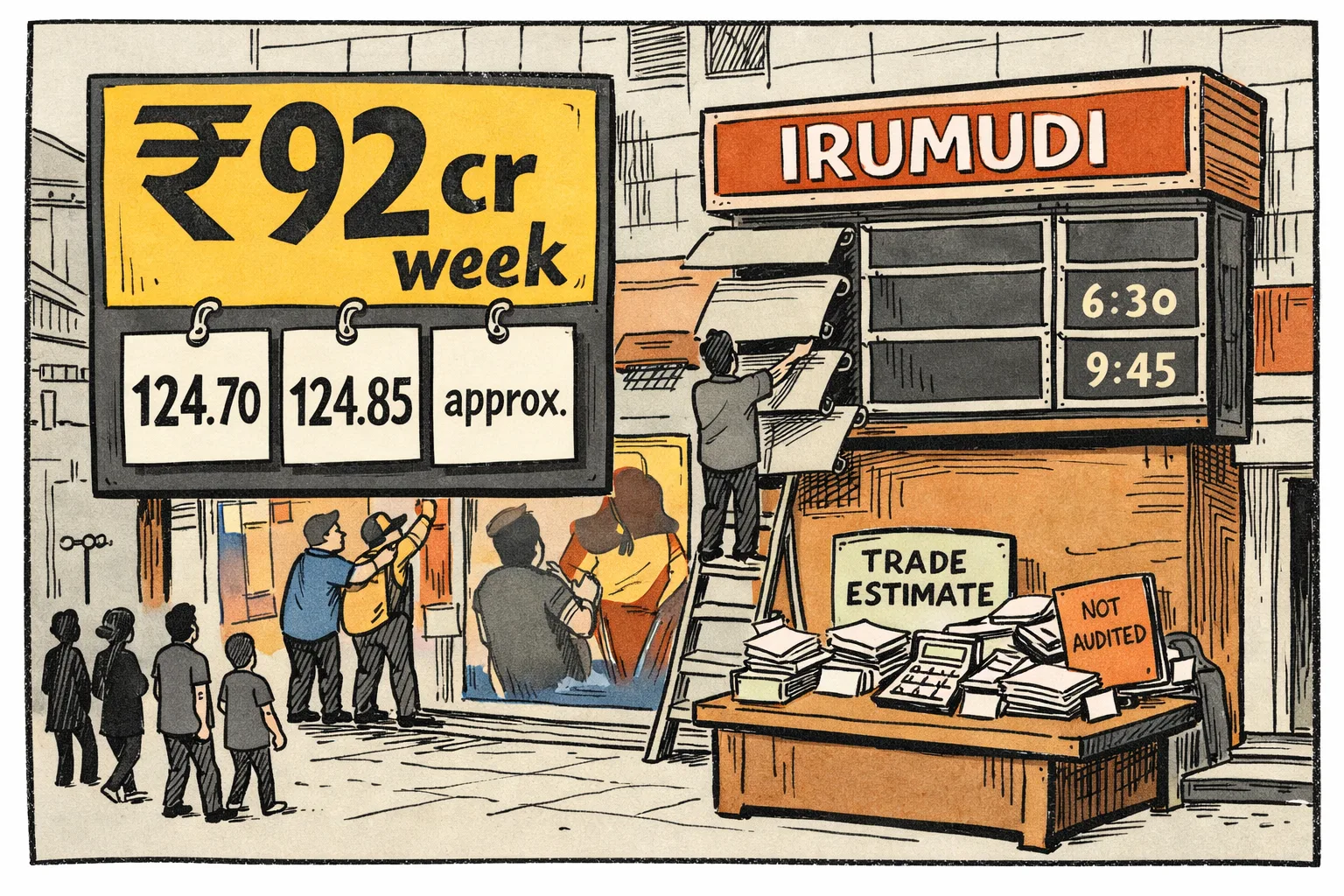 A Hyderabad multiplex marquee with several Irumudi showtimes removed, beside a large rupee scoreboard showing ₹92 crore and three conflicting worldwide-total cards.
