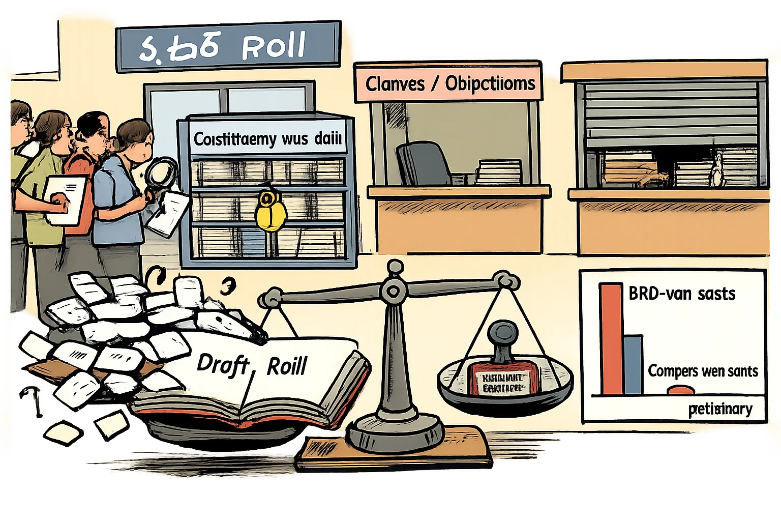 A large draft voter-roll ledger balances unevenly beside a locked cabinet of constituency data, while voters holding forms face election-office counters and a partly closed shutter.