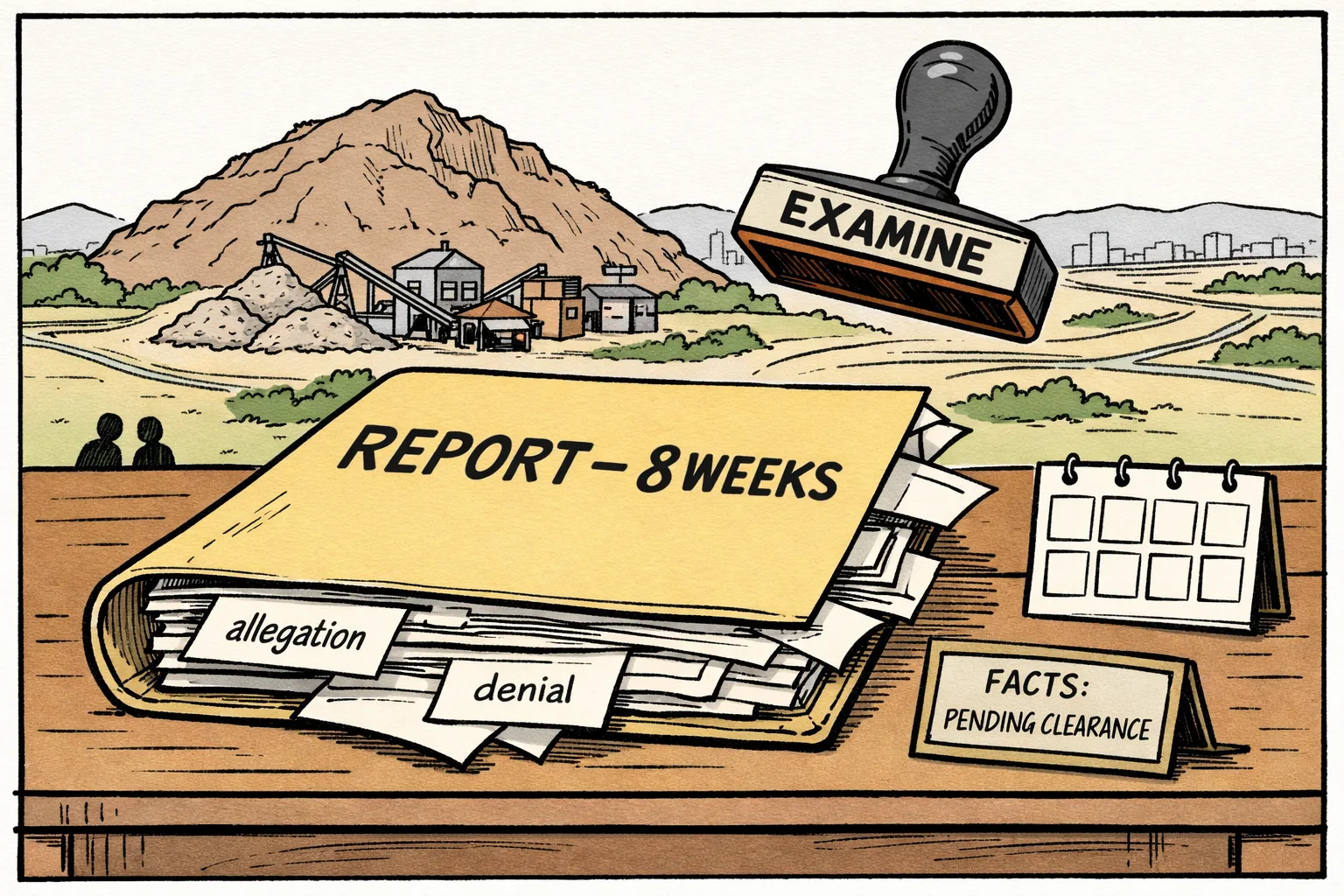 A giant eight-week report file and an unstamped examination seal sit on a desk before a rocky hill, crusher and suburban roads.