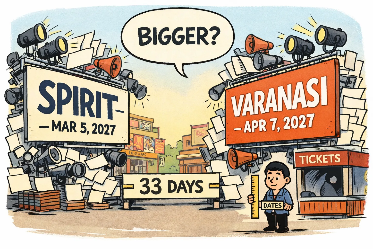 Two giant cinema billboards labelled Spirit and Varanasi face each other outside a Hyderabad multiplex, with a measuring strip between them marking 33 days and publicity equipment surrounding the signs.