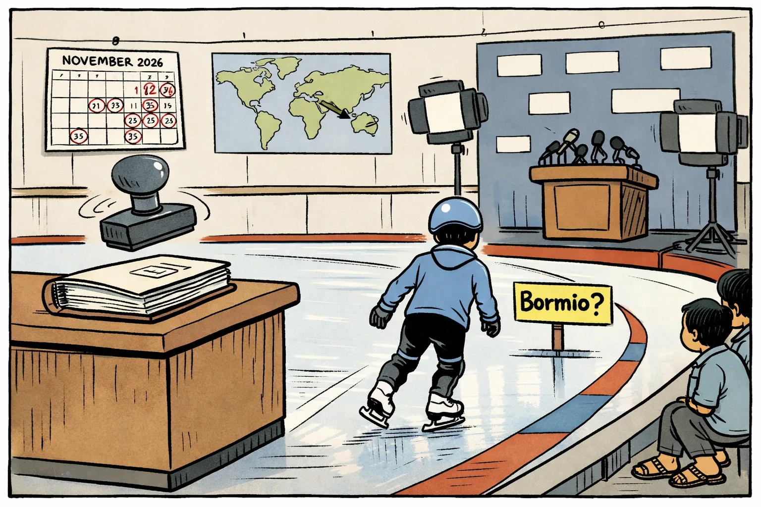 A young skater moves along an indoor rink lane marked “Bormio?” while a giant podium backdrop and camera flash loom over an unopened official file and an uncancelled calendar.