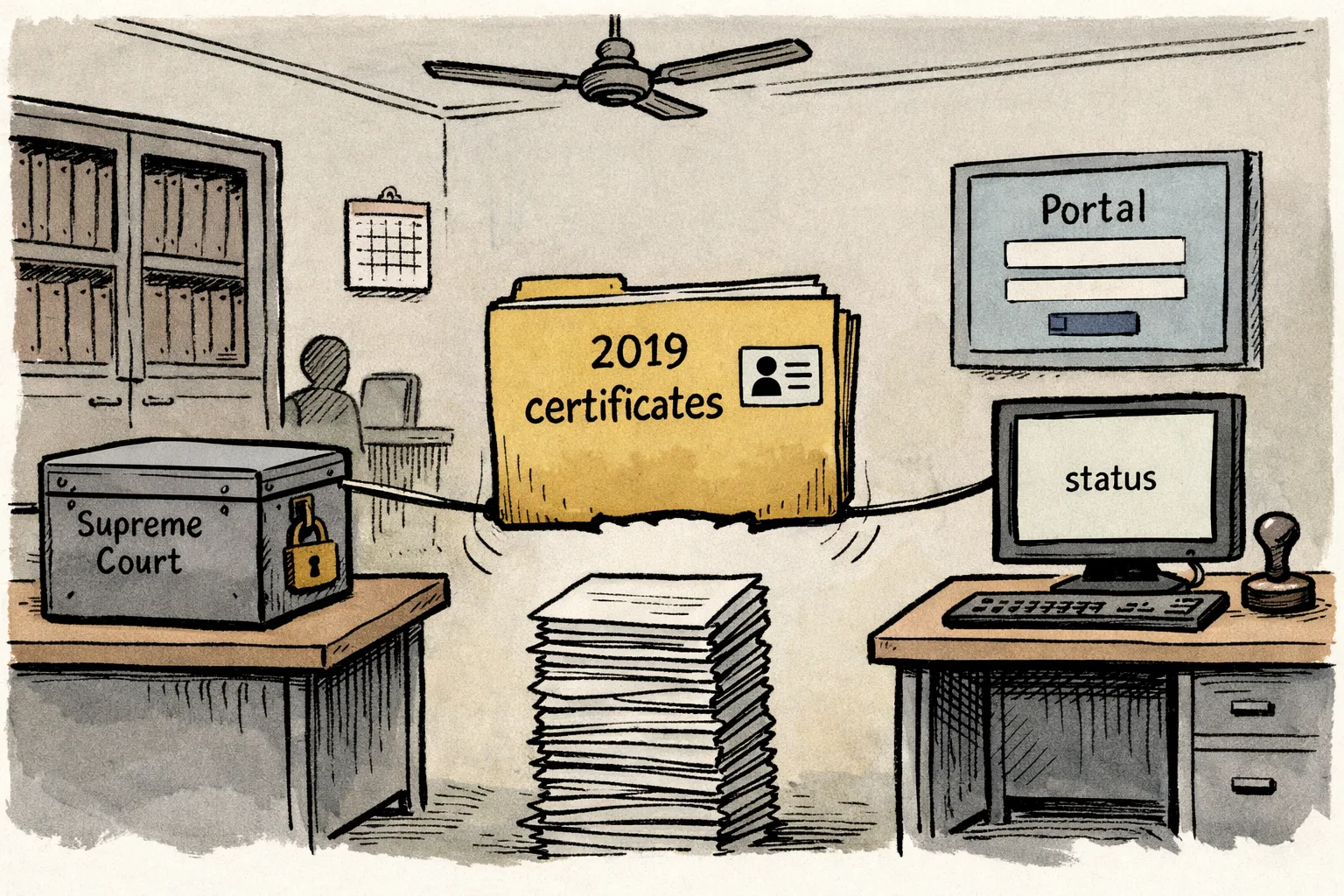 A large government file marked with a simple ID-card icon sits on a desk between a locked Supreme Court document box and a flickering computer portal, while a bridge labelled with short document tabs has a missing plank.