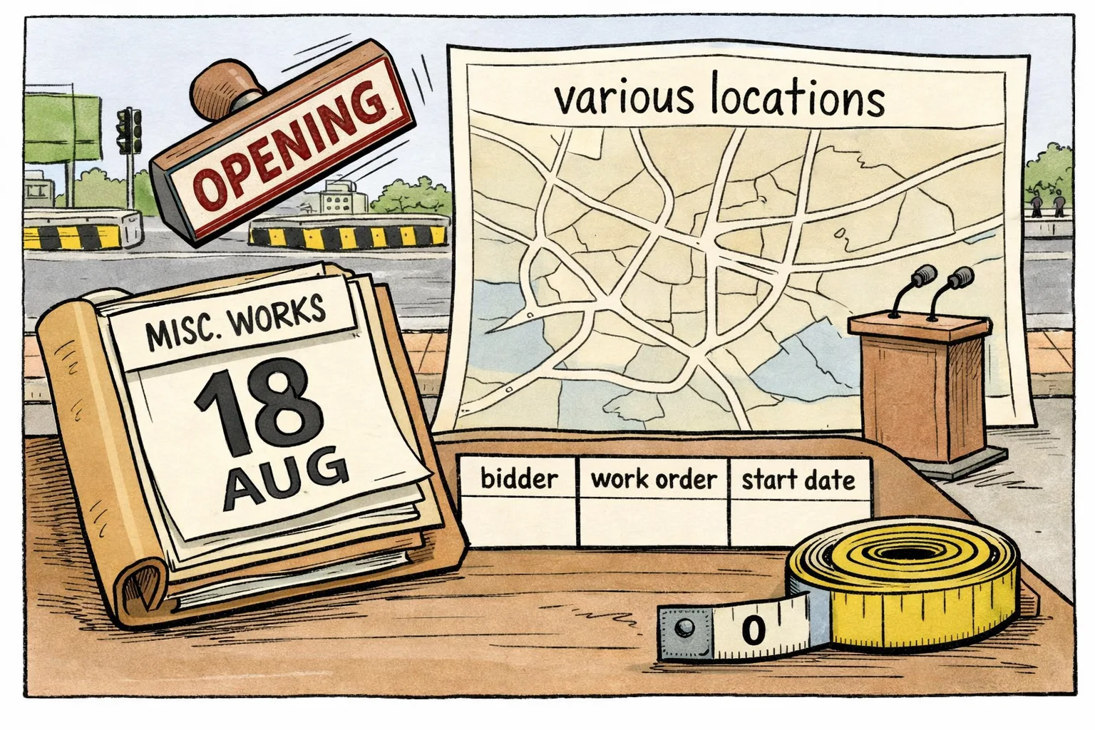 An oversized tender file marked “misc. works” lies beside a blank road map, an unused measuring tape and empty boxes for a bidder, work order and start date, with a Secunderabad street in the background.