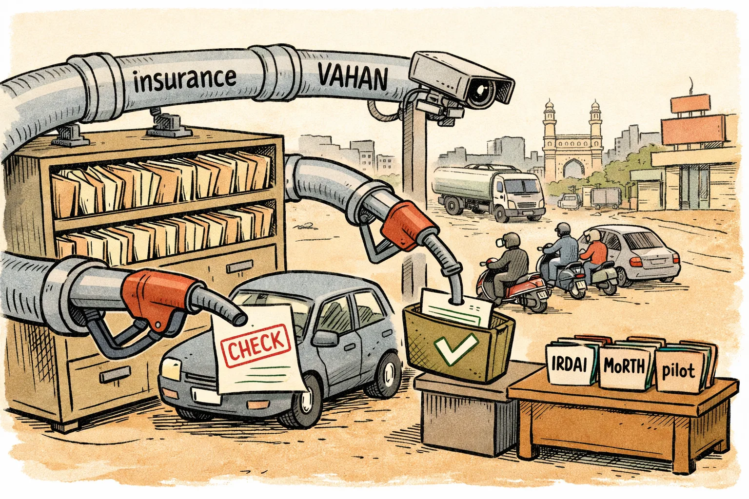 A Telangana petrol pump stands beside a giant insurance database pipe, with a fuel nozzle connected to a stack of vehicle papers and an uncertain queue of cars waiting beneath an ANPR camera.