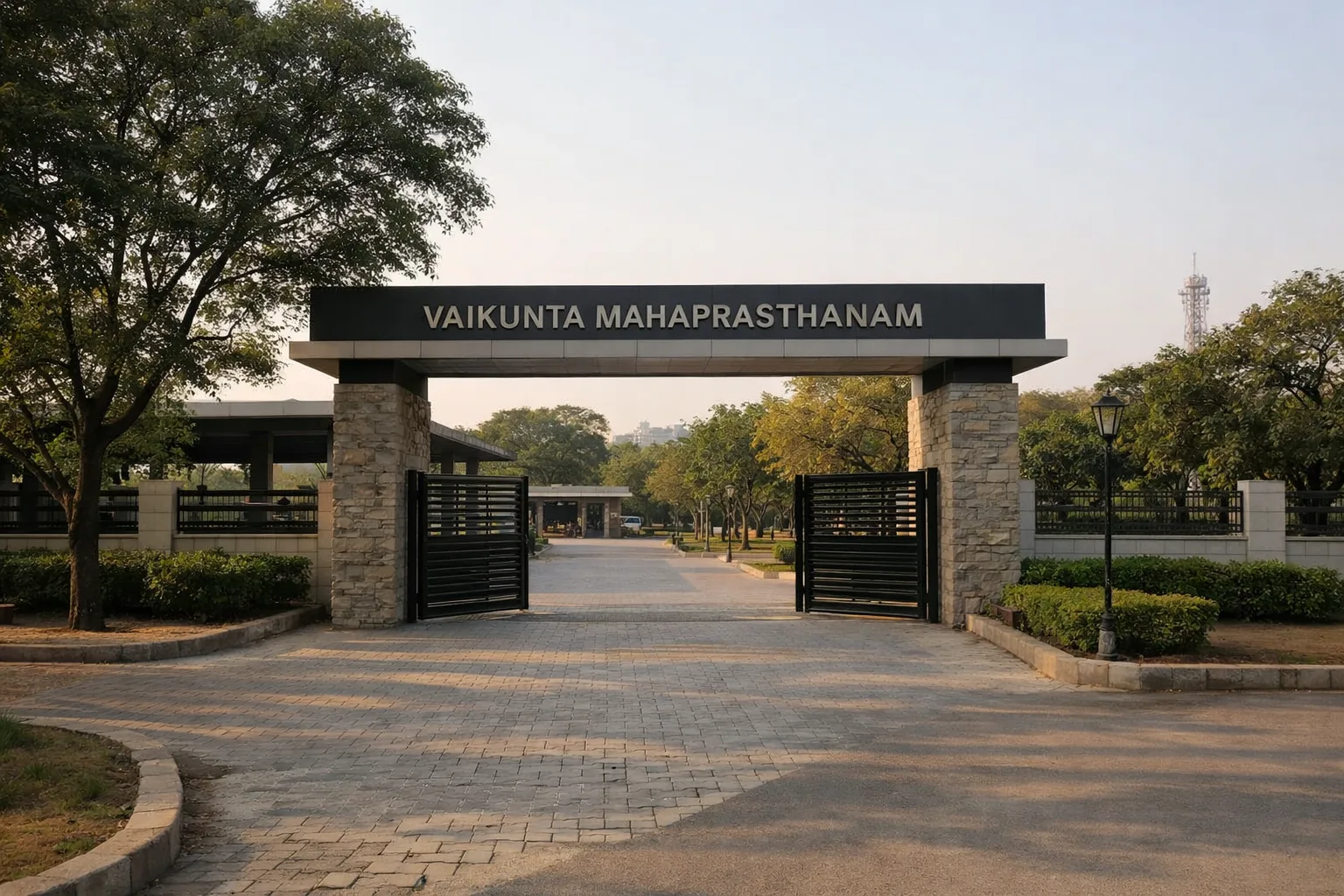 The quiet entrance and tree-lined grounds of Vaikunta Mahaprasthanam crematorium in Hyderabad.
