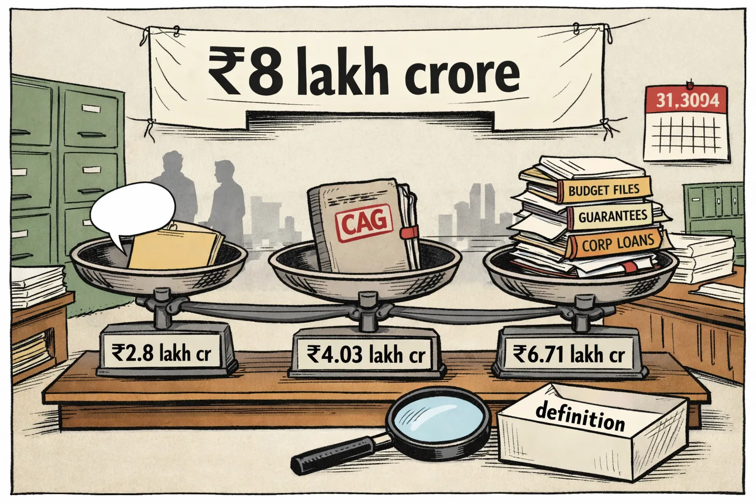 A cartoon weighing scale in a Telangana government records room compares ₹2.8 lakh crore, ₹4.03 lakh crore and ₹6.71 lakh crore using different stacks of financial documents, while an ₹8 lakh crore banner hangs above an empty definition file.