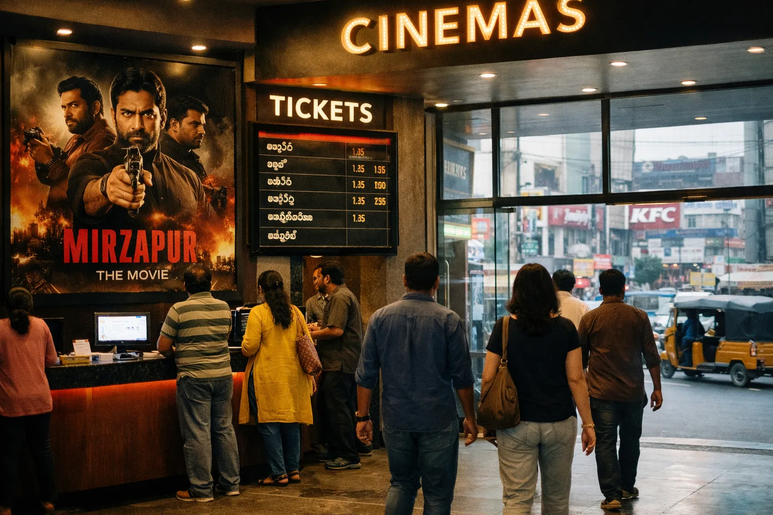 A Hyderabad multiplex entrance displays a Mirzapur: The Movie poster and a Telugu show listing as anonymous moviegoers enter.