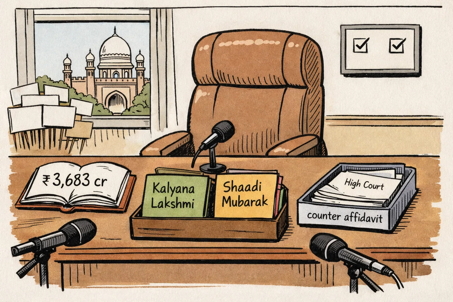 A Telangana government file marked with two scheme folders sits between a budget ledger showing ₹3,683 crore and a High Court counter-affidavit tray, while microphones from rival political camps point toward an empty government spokesperson’s chair.