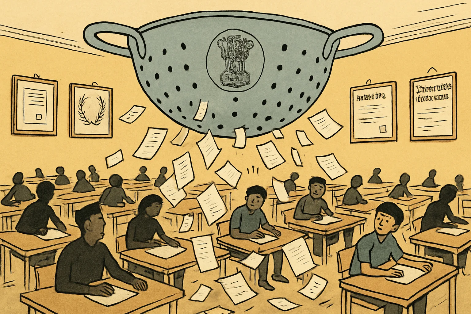 An editorial cartoon showing a large sieve suspended above rows of student desks in an examination hall, with exam papers falling through holes in the sieve onto students below. Official plaques and notices hang crooked on the wall behind.