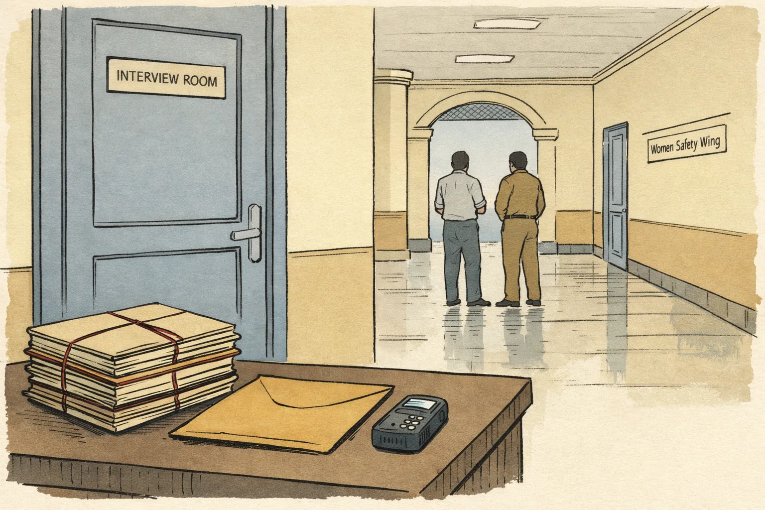 A quiet corridor inside a police training academy, with a closed interview-room door, a stack of sealed case files and an evidence envelope on a table, while two indistinct officials stand outside beneath a wall sign reading “Women Safety Wing”.