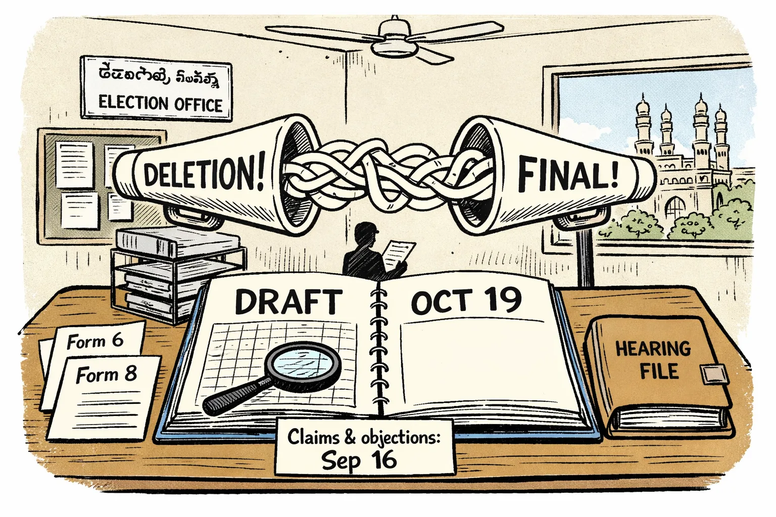 A Telangana electoral-roll calendar stretches across a desk from draft publication to the final-roll date, while open forms, a magnifying glass and a queue of claim files sit in front of a sealed shouting-box marked with speech bubbles.