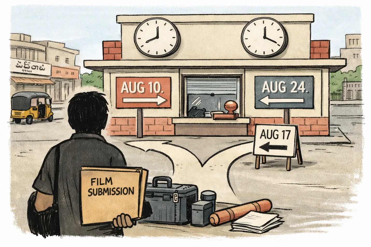 A Telangana filmmaker stands beside film reels, a DCP case and a stack of submission papers before two government deadline boards showing different dates, while a distant office window remains shuttered.