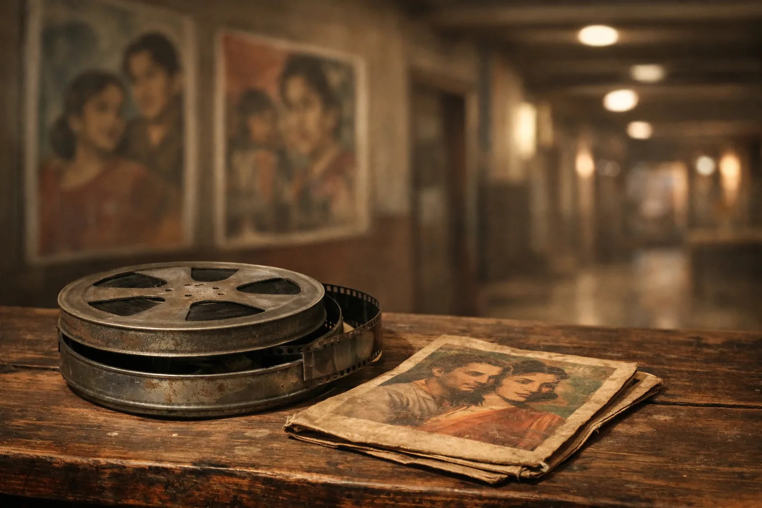 An archival image associated with Sowcar Janaki’s early Telugu film career, with vintage cinema materials and a softly blurred theatre setting.