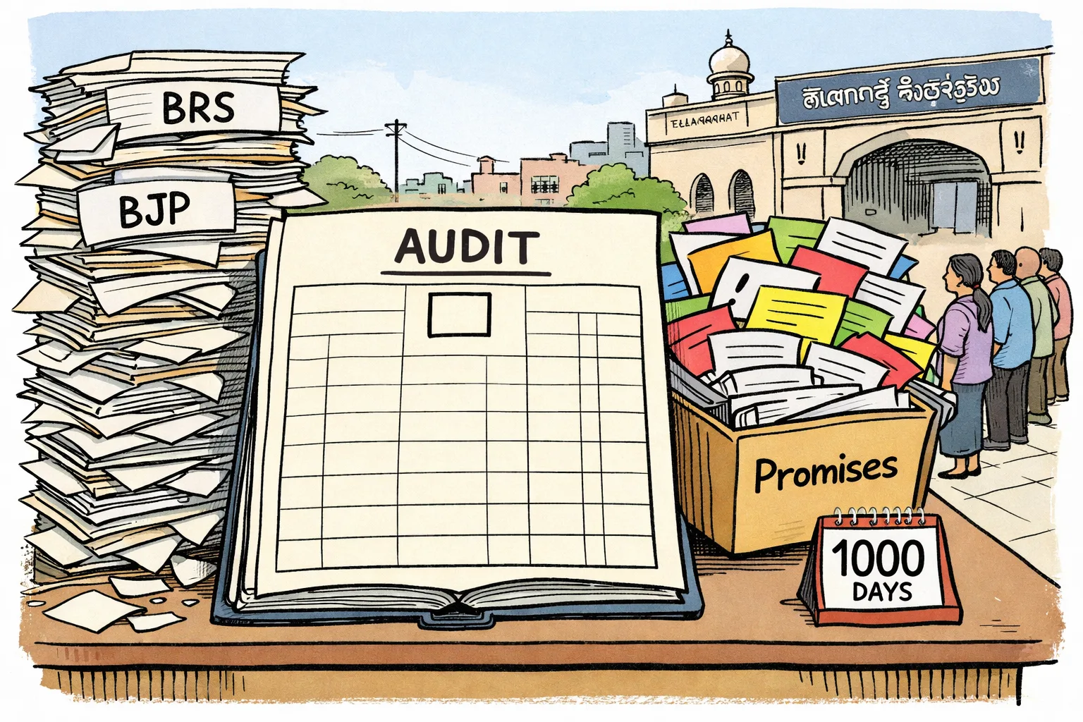 A huge mostly blank spreadsheet marked “AUDIT” sits on a government desk between overflowing stacks of opposition chargesheets and government announcement folders, while citizens wait outside a Telangana government office.