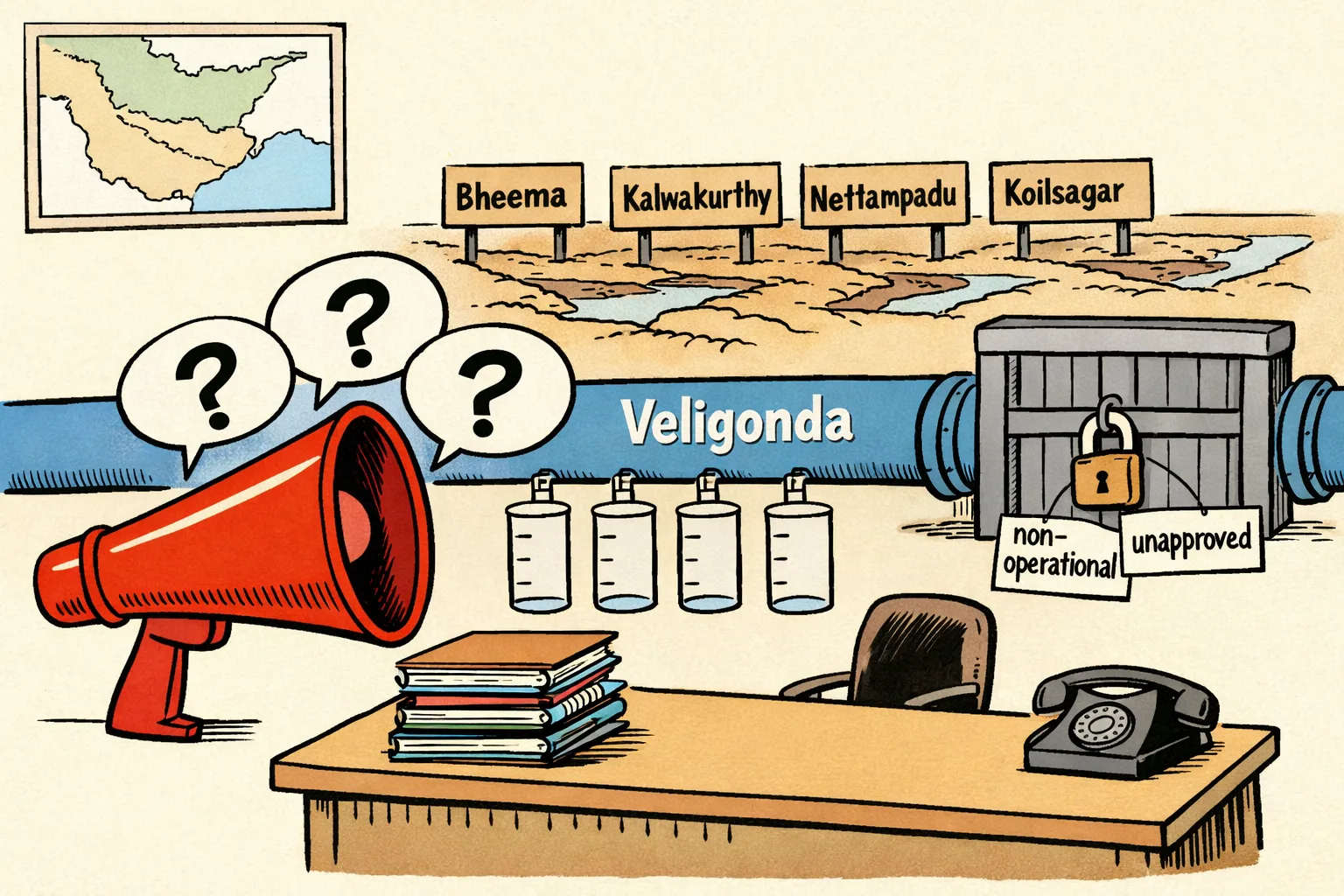 A cartoon government records room shows a pipe labelled Veligonda ending at a gate marked non-operational, while a large accusation megaphone faces empty measuring gauges and silent files; irrigation channels labelled Bheema, Kalwakurthy, Nettampadu and Koilsagar appear in the background.