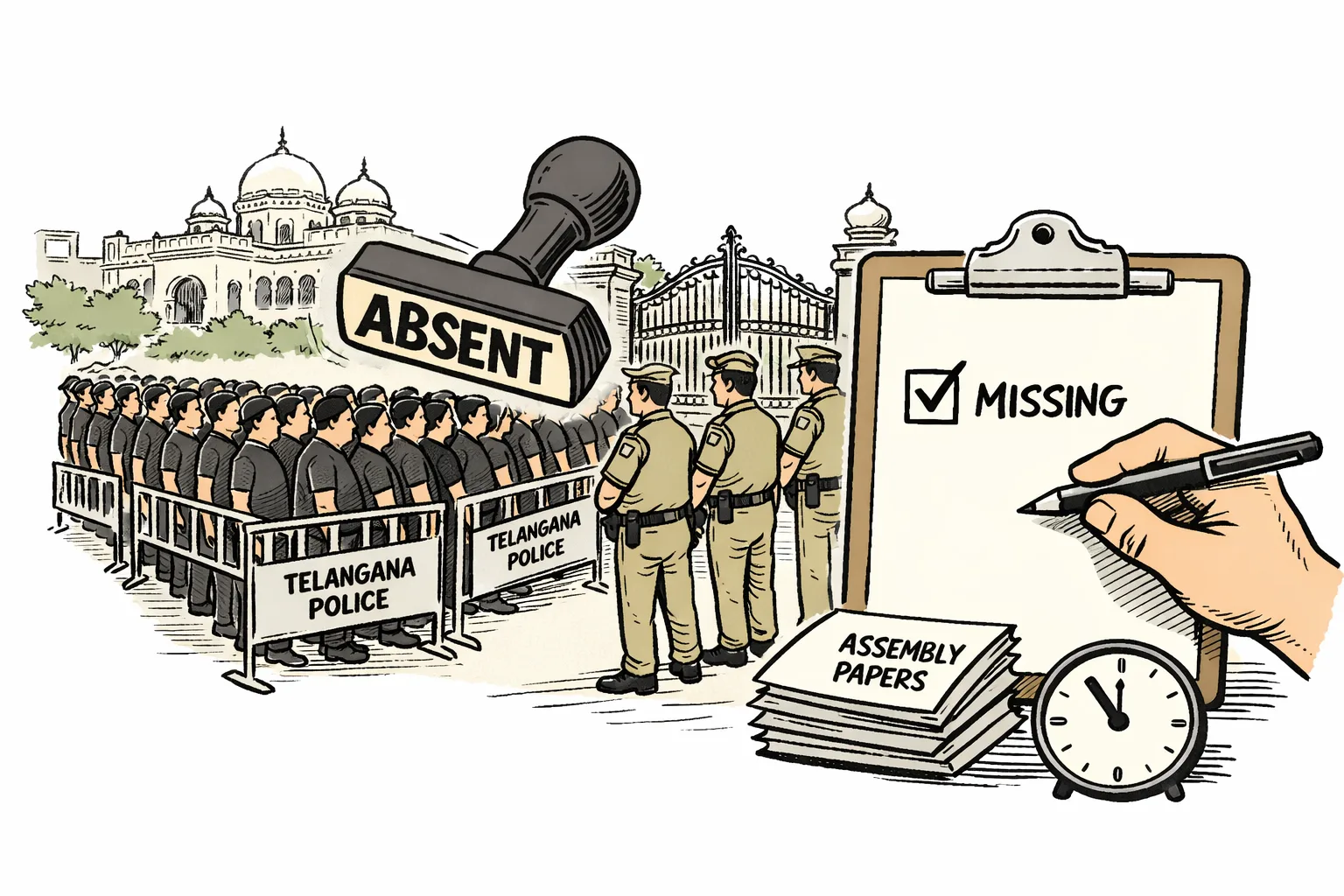 A long queue of people in black T-shirts stands behind a police barricade outside the Telangana Assembly while an oversized official stamp marked “ABSENT” hovers above them.