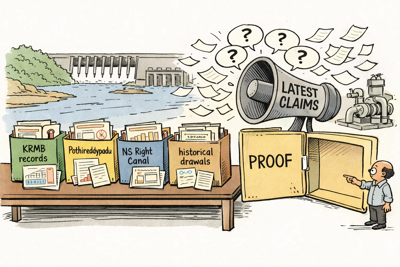 A records table holds labelled water-dispute files and charts beside a loudspeaker marked latest claims and an empty proof folder, with Krishna canal and regulator infrastructure in the background.
