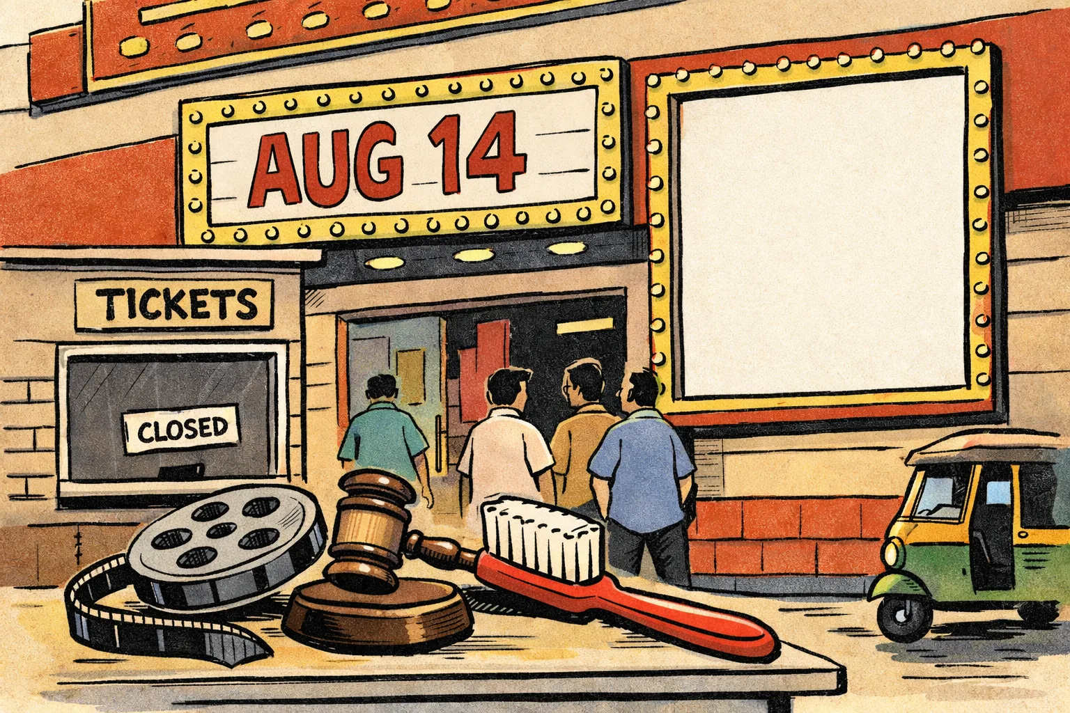 A cinema marquee in Hyderabad displays an August 14 date while a film reel, courtroom gavel and oversized toothbrush sit beside unopened theatre doors.