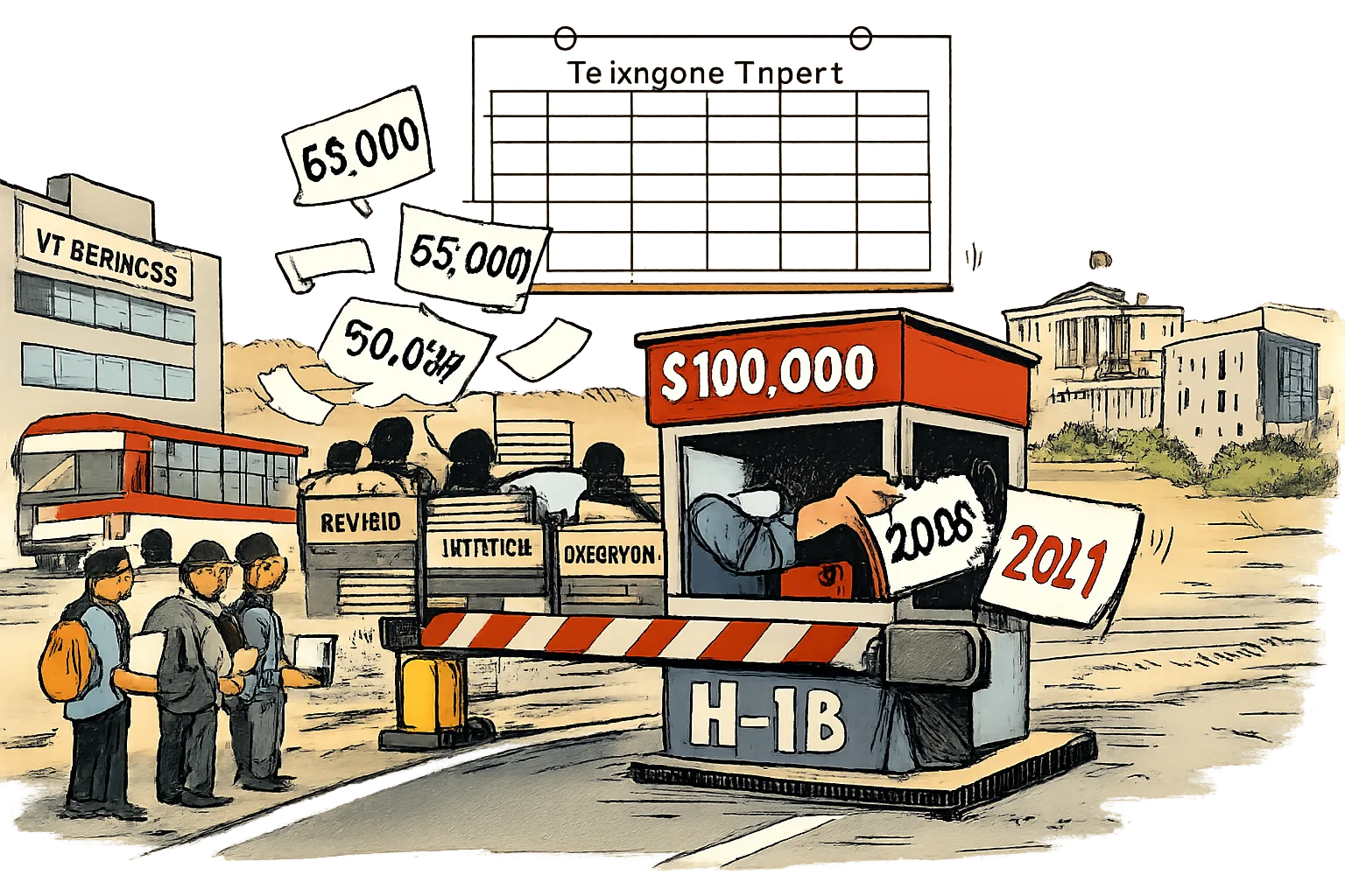 A giant $100,000 tollbooth blocks an H-1B road between a Hyderabad office district and a distant government building, while blank Telangana impact spreadsheets hang unfinished and workers wait beside laptops.