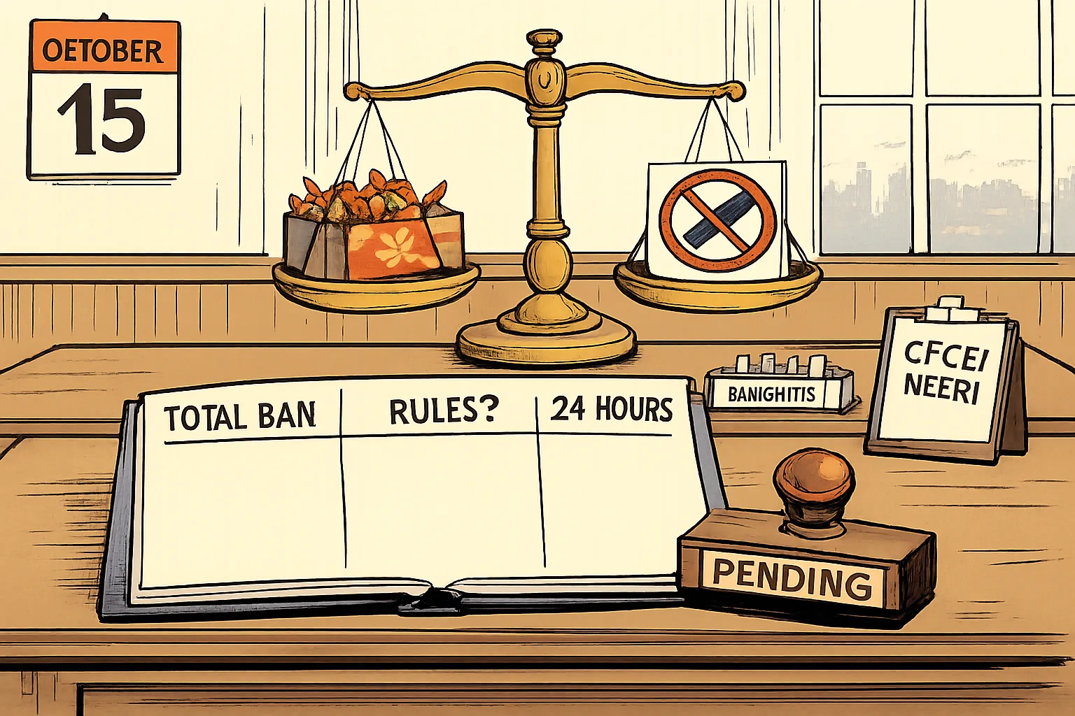 An unfinished court file marked with a pending stamp sits between a firecracker box and a prohibition sign, while a level balance and testing paperwork wait in a Supreme Court-style room.