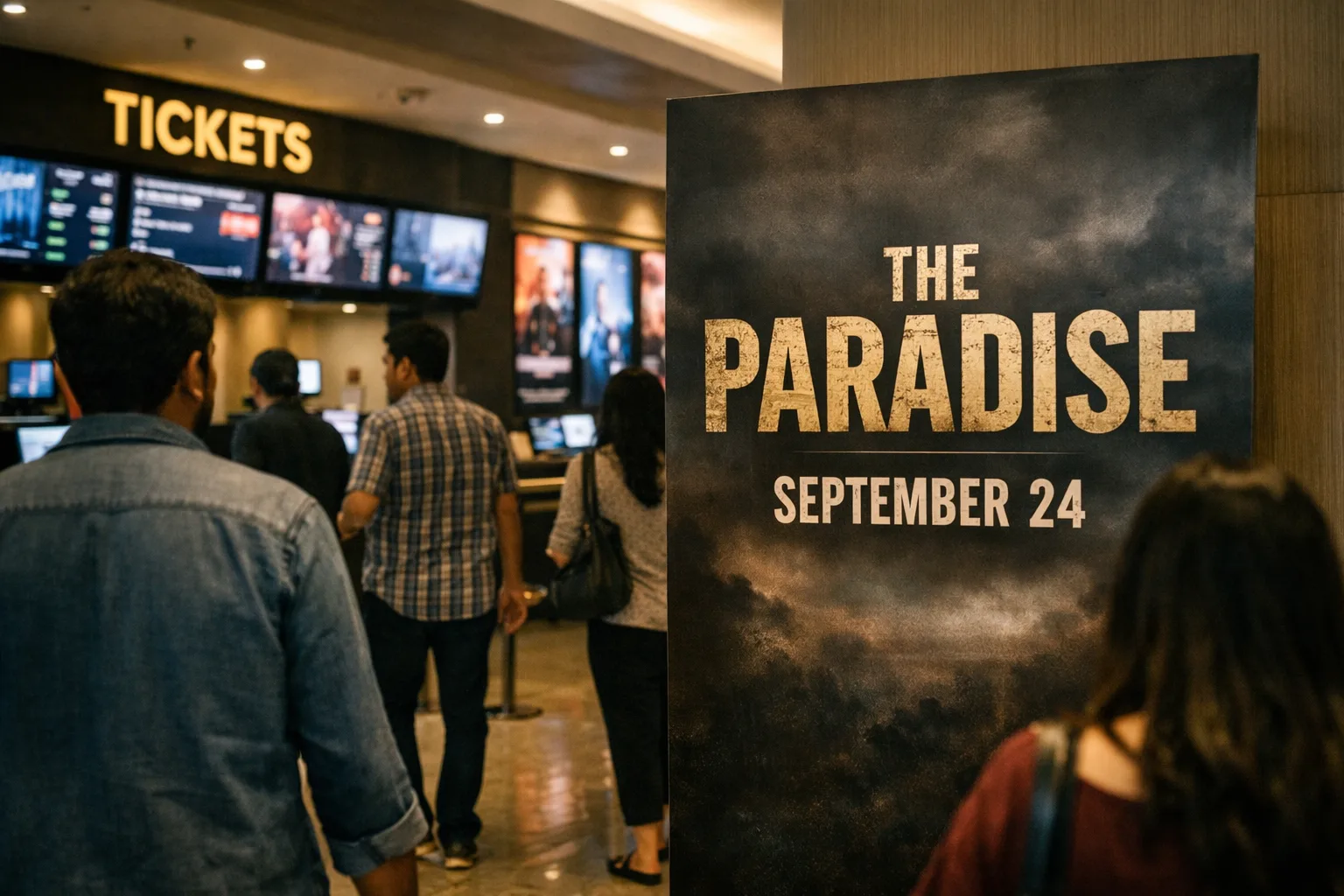 A multiplex foyer displays a promotional standee for The Paradise beside a ticket counter and cinema screens.