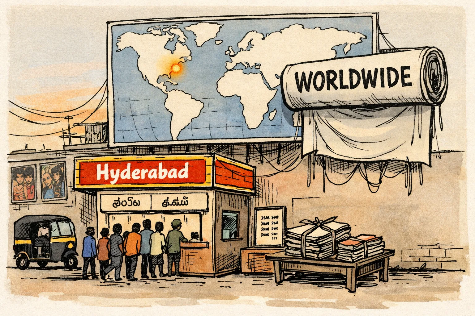 A Hyderabad cinema with Telugu and Tamil tickets sits beneath a giant mostly blank world map and an unopened banner marked “WORLDWIDE”, while tangled distribution files lie nearby.