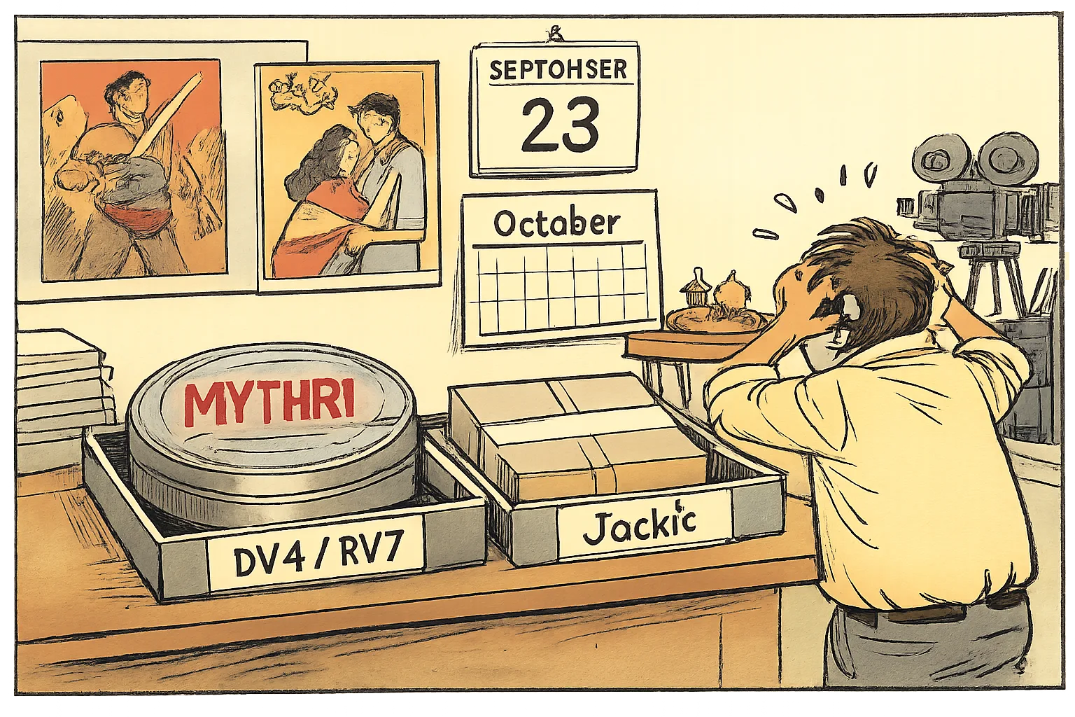 A Hyderabad film-publicity office cartoon shows two film trays, with a canister marked Mythri mistakenly placed beside an unnamed project box under calendars for September 23 and October.