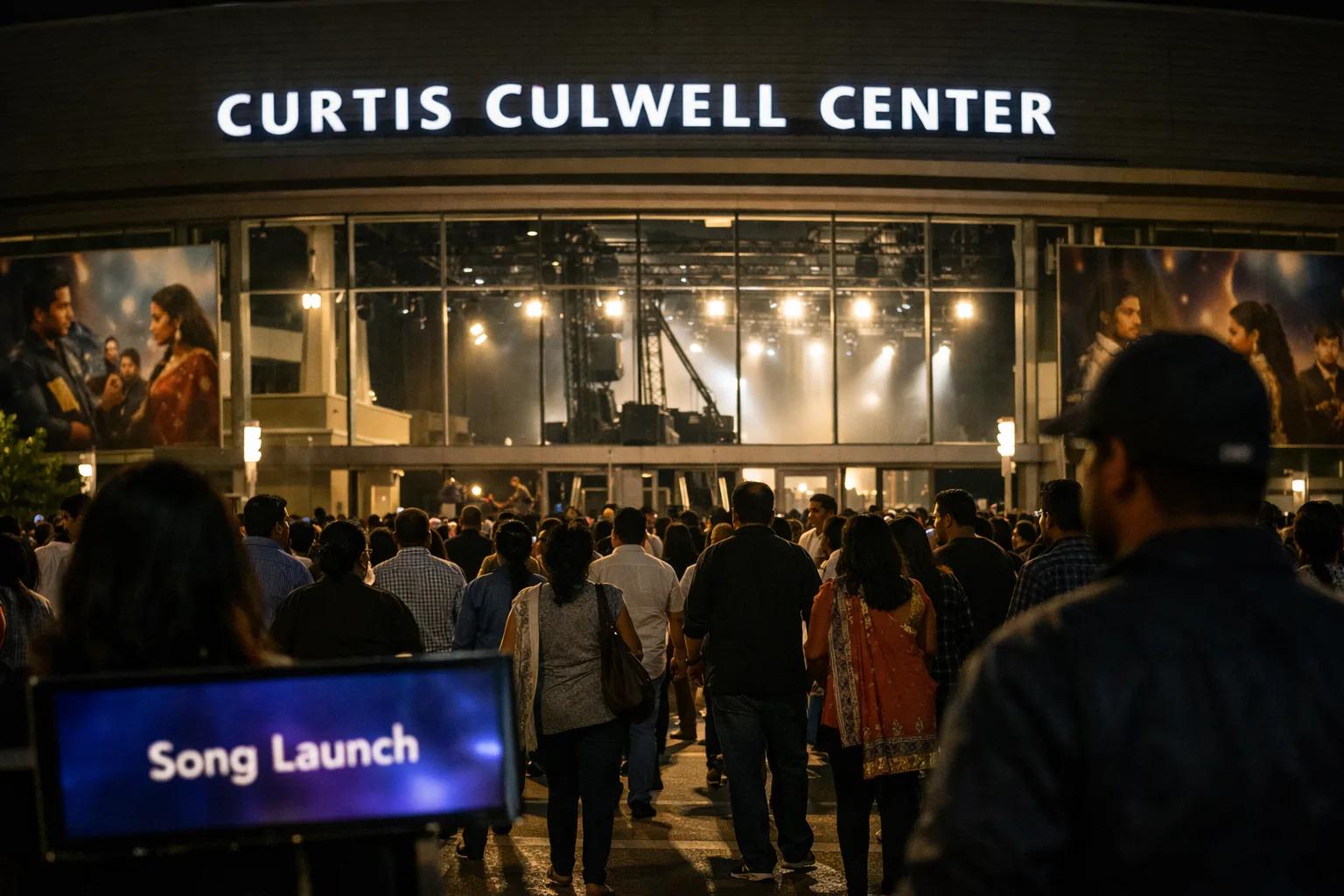 A nighttime photograph of the Curtis Culwell Center in Garland, Texas, with concertgoers entering beneath bright event lights and stage equipment visible inside.