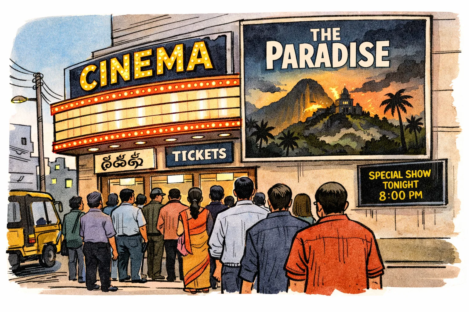 A Hyderabad cinema entrance at dusk displays a poster for The Paradise as moviegoers queue beneath illuminated special-screening signage.