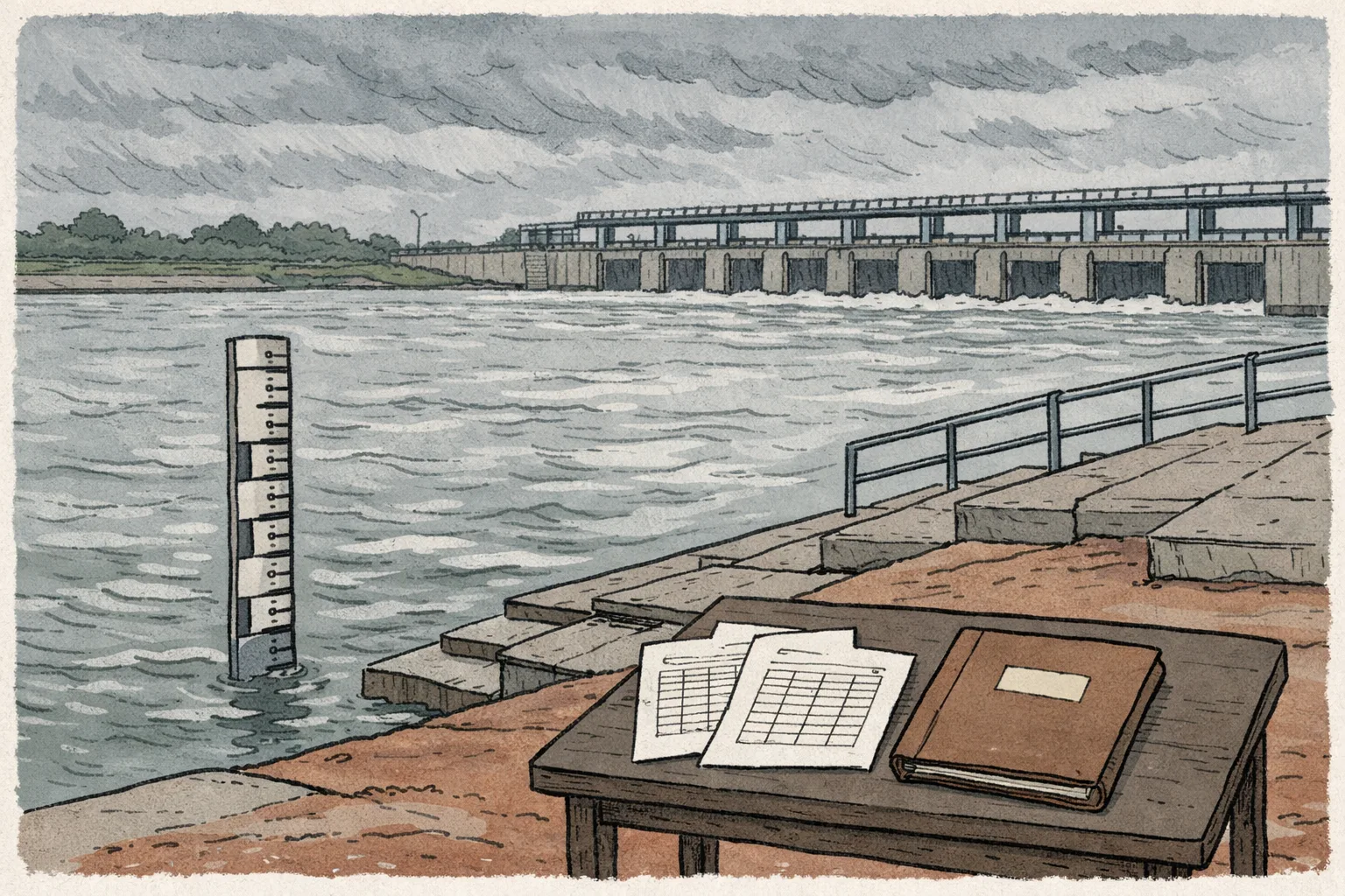 A quiet Godavari riverbank near the Kaleshwaram VIP ghat, with a barrage gauge, two blank data sheets marked only with small numerical tick marks, and a closed Irrigation Department file on a table in the foreground.