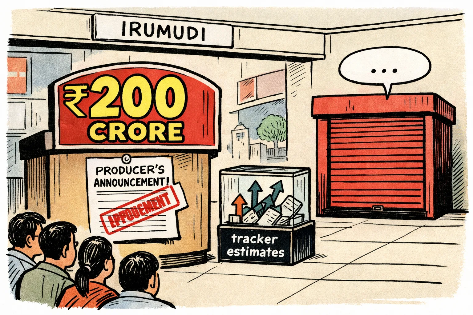 A cartoon cinema foyer shows a ₹200 crore box-office counter backed by a producer announcement, while tracker estimates sit in a glass box and a closed streaming booth replies with an ellipsis.