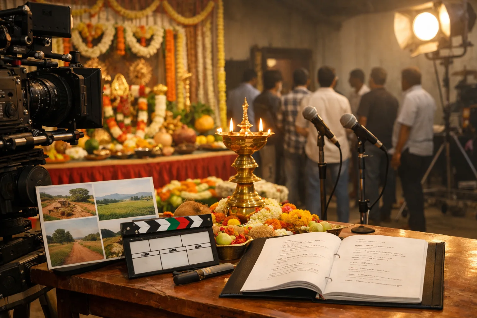 A film-launch pooja setup with a ceremonial lamp, screenplay, clapboard and camera equipment inside a Hyderabad studio, with indistinct crew members behind it.
